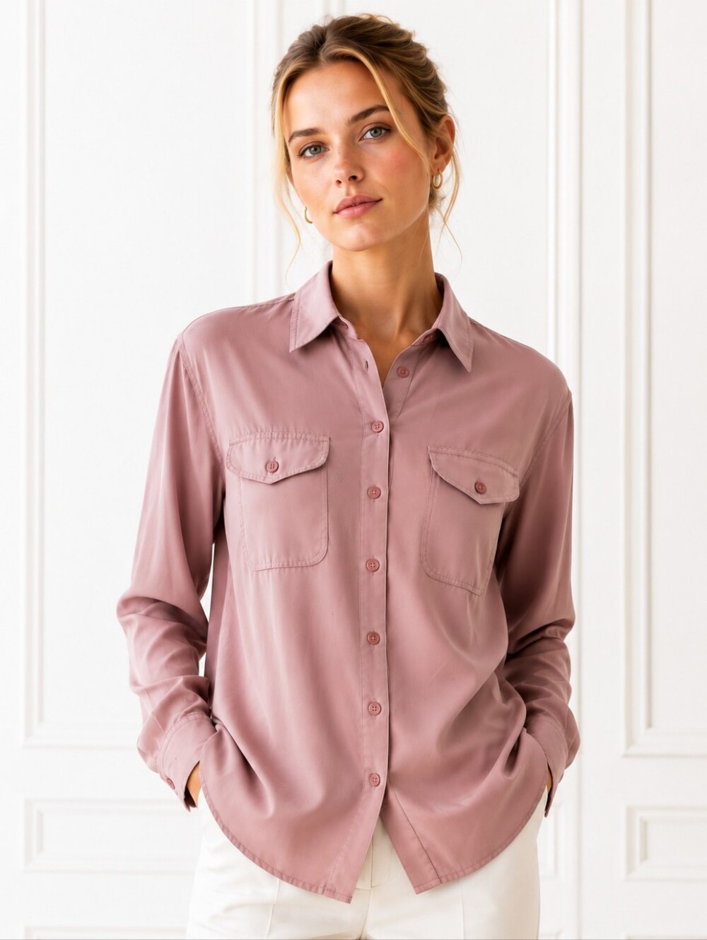 Laura Scott Dusty Rose Button Front Utility Blouse Size Large